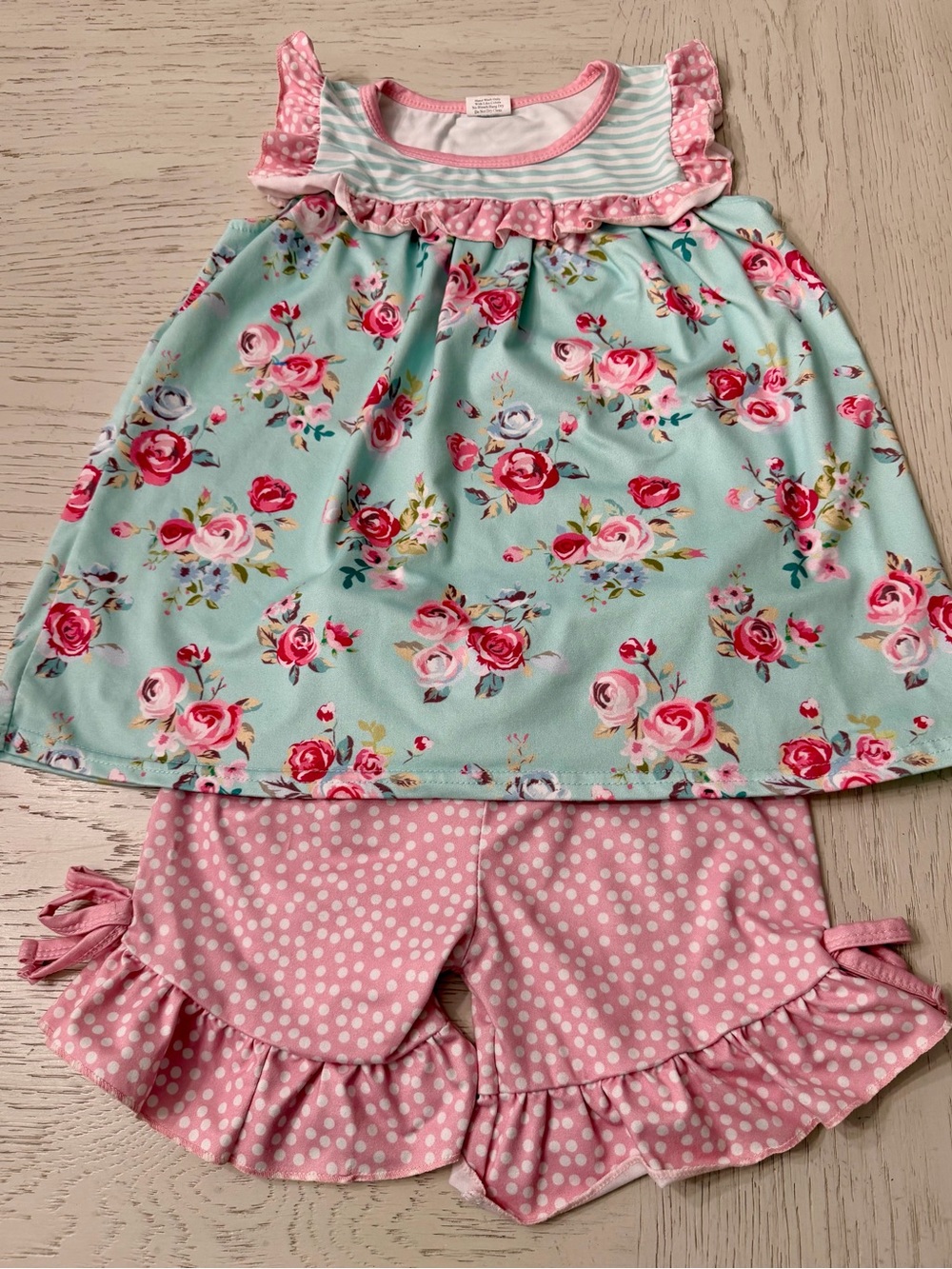 Matilda Jane Mint Floral Top Pink Polka Dot Ruffle Matching Shorts Set 4